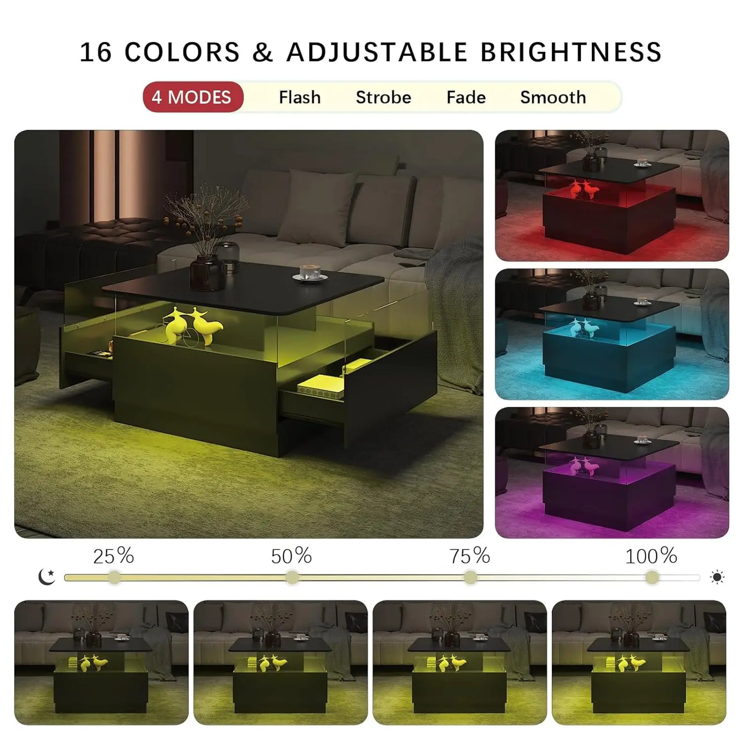 Square Coffee Table With LED Storage And Two Drawers