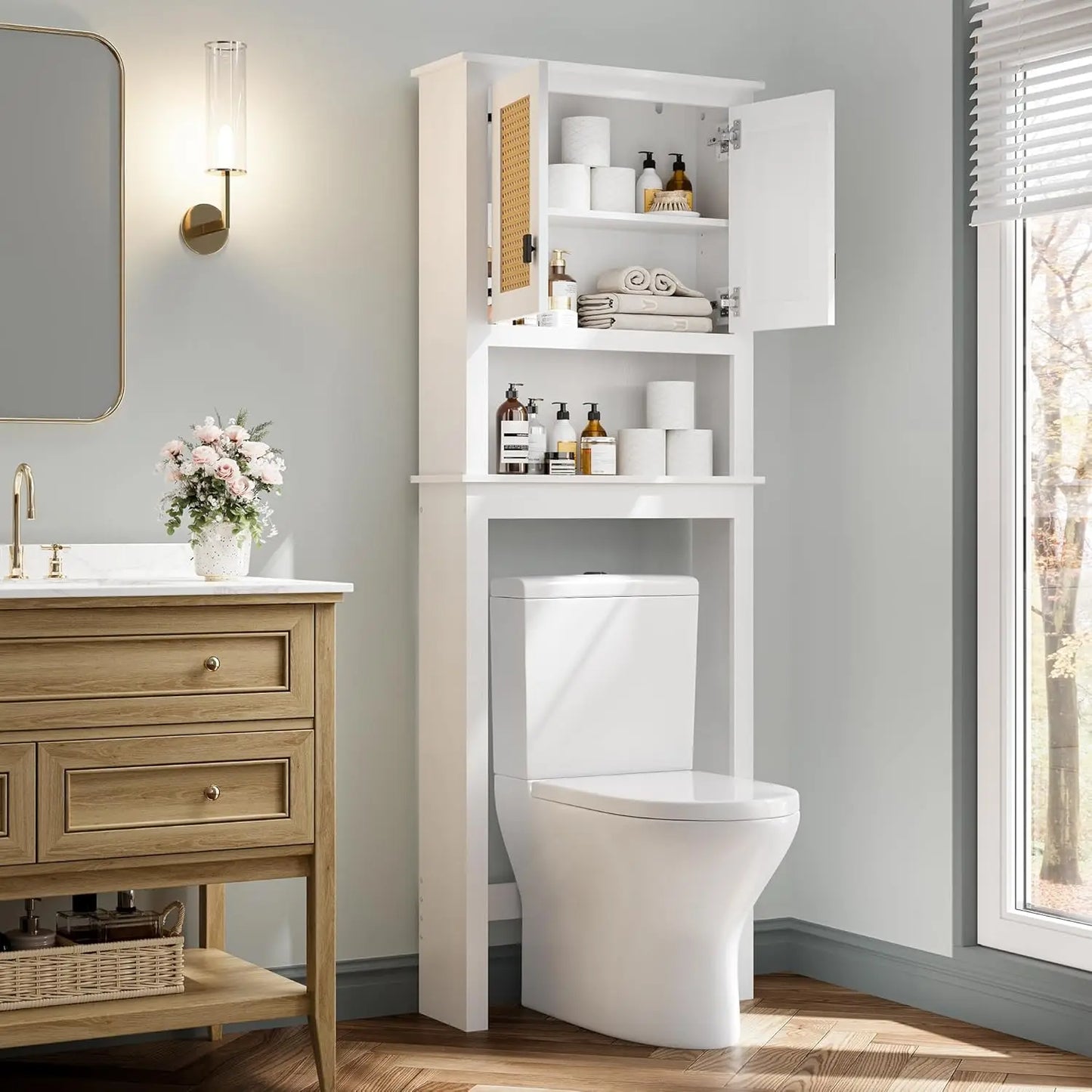 Farmhouse White Over Toilet Storage Cabinet With Natural Rattan Doors