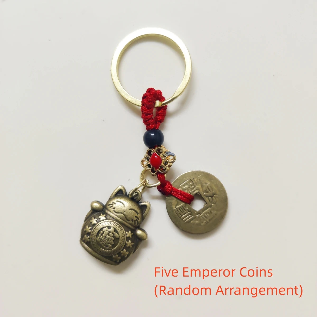 Handmade Lucky Cat Keychain With Feng Shui Five Emperors Coins