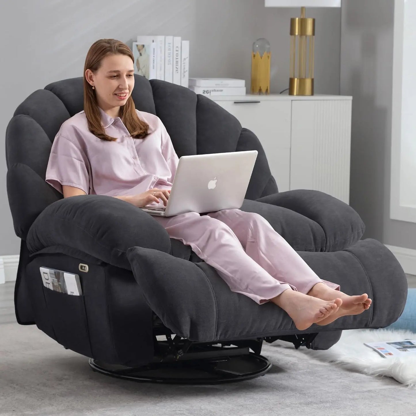 Power Swivel Recliner Chair With Soft Fabric Shell Storage