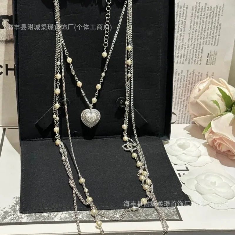 Double C Pearl Sweater Chain Small Fragrant Style High Version Peach Heart Long Tassel Necklace Women's High-end Accessories Wom