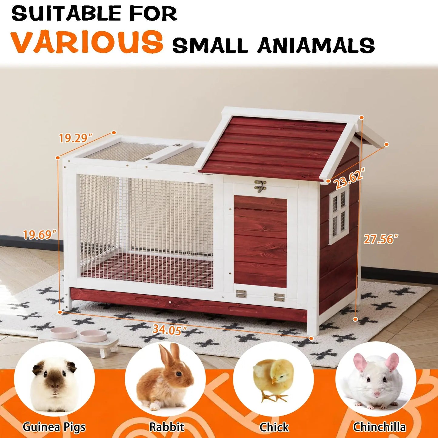 34'' Outdoor Wooden Rabbit Hutch, Large Rabbit Cage with Nesting Box Hen House Poultry Cage with Openable Roof for Small Animals
