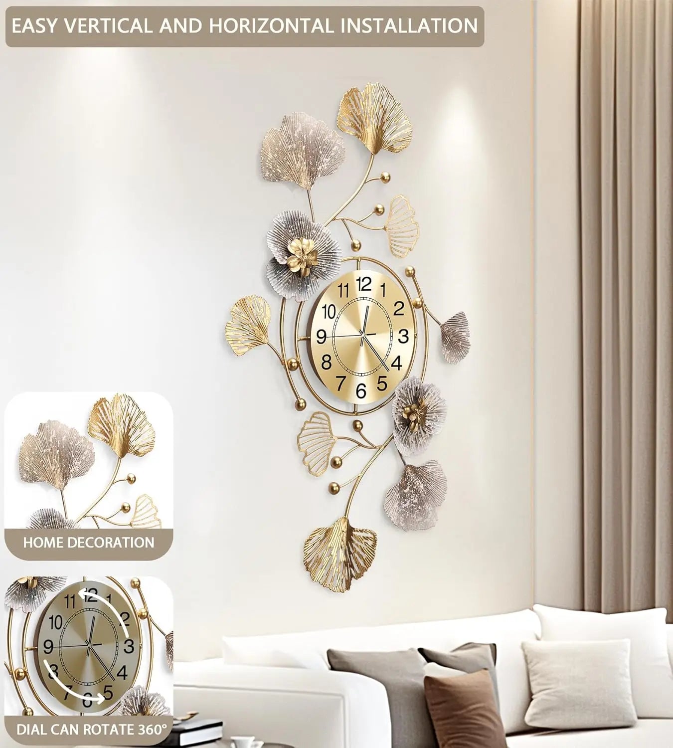 Silent Wall Clock With Retro Ginkgo Leaf Metal Design