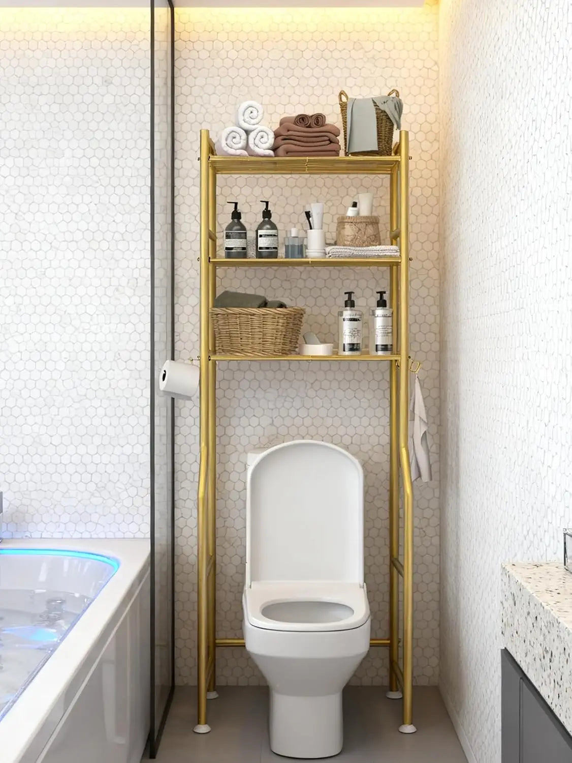 Three-Tier Over The Toilet Storage Rack With Hooks