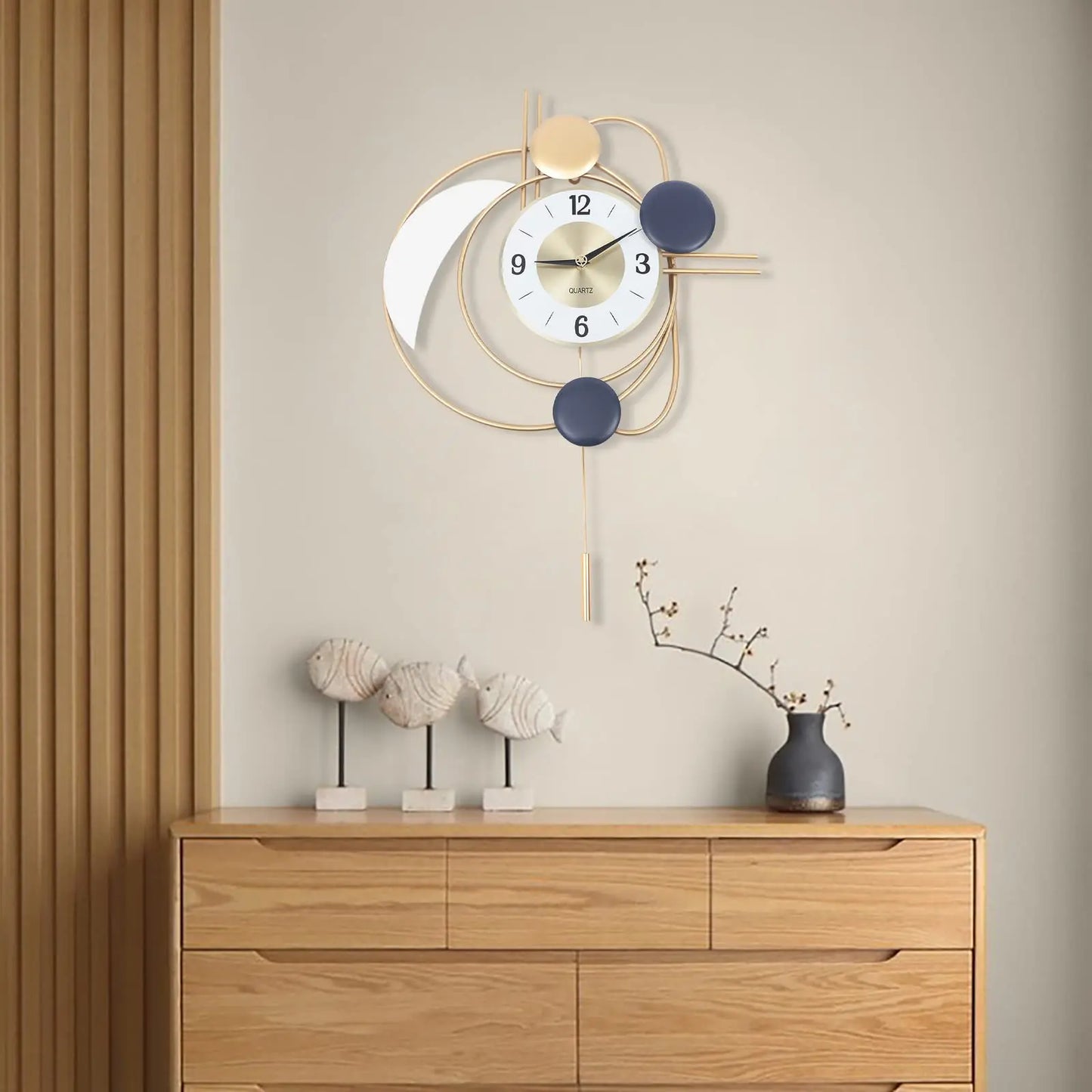 Modern Metal Wall Clock With Silent Quartz Movement And Pendulum
