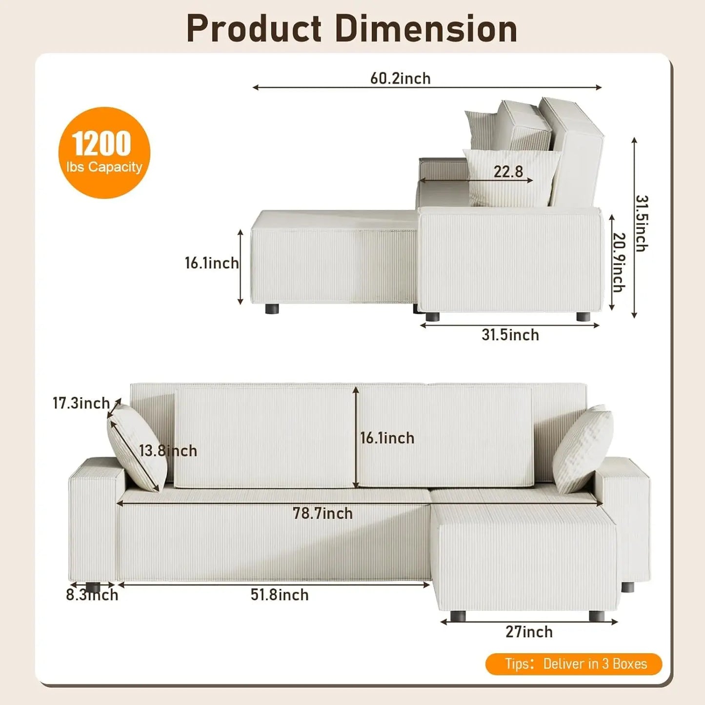 Fine Stripe Corduroy Sectional Sofa L Shaped with Deep Chaise
