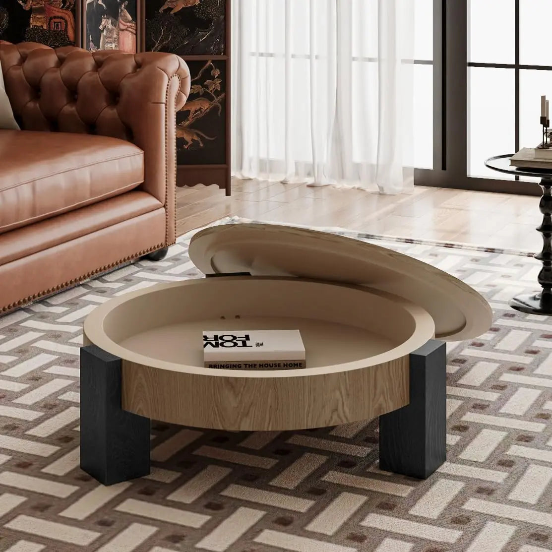 Folded Round Coffee Table With Hidden Storage And 3 Block Legs