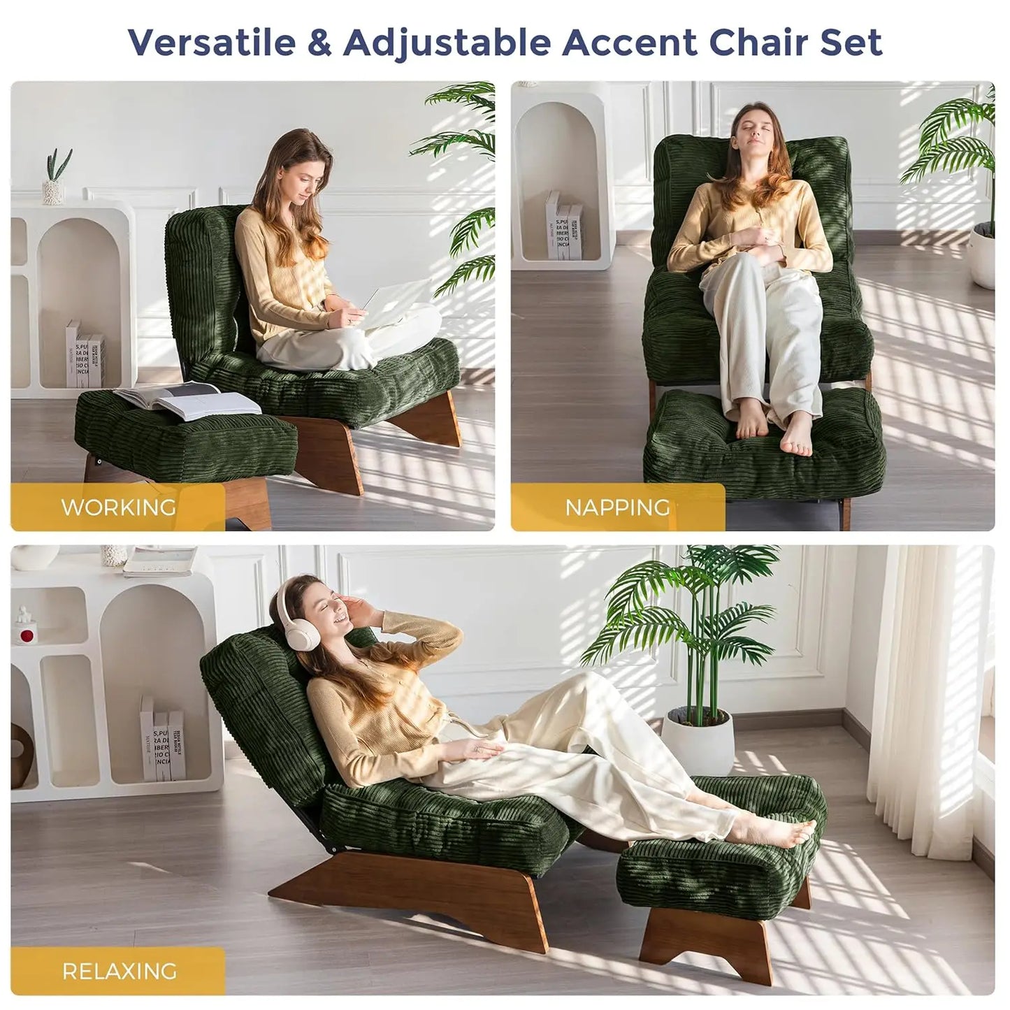 Accent Chair With Ottoman Adjustable Backrest Tufted Upholstered Lounge Footrest