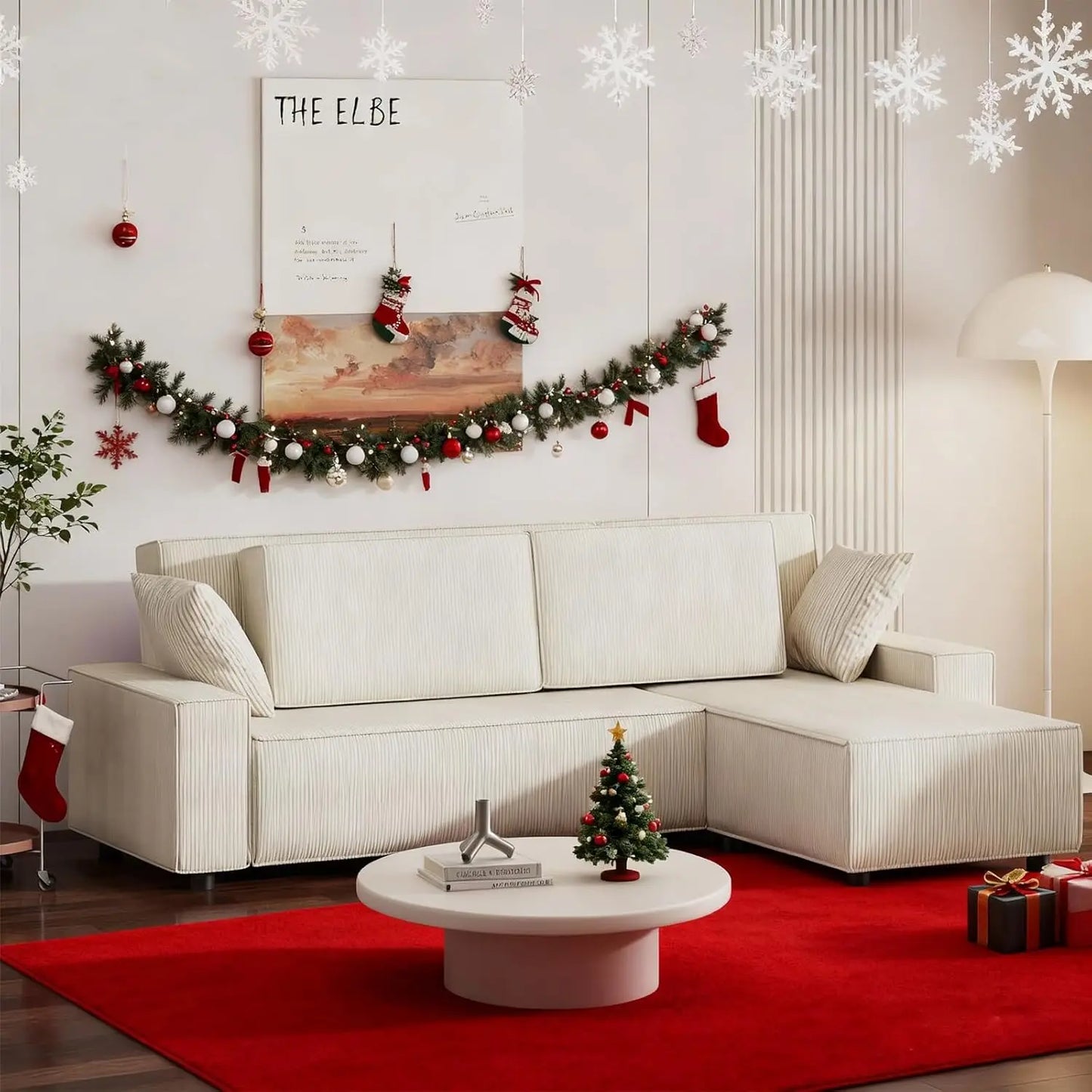 Fine Stripe Corduroy Sectional Sofa L Shaped with Deep Chaise