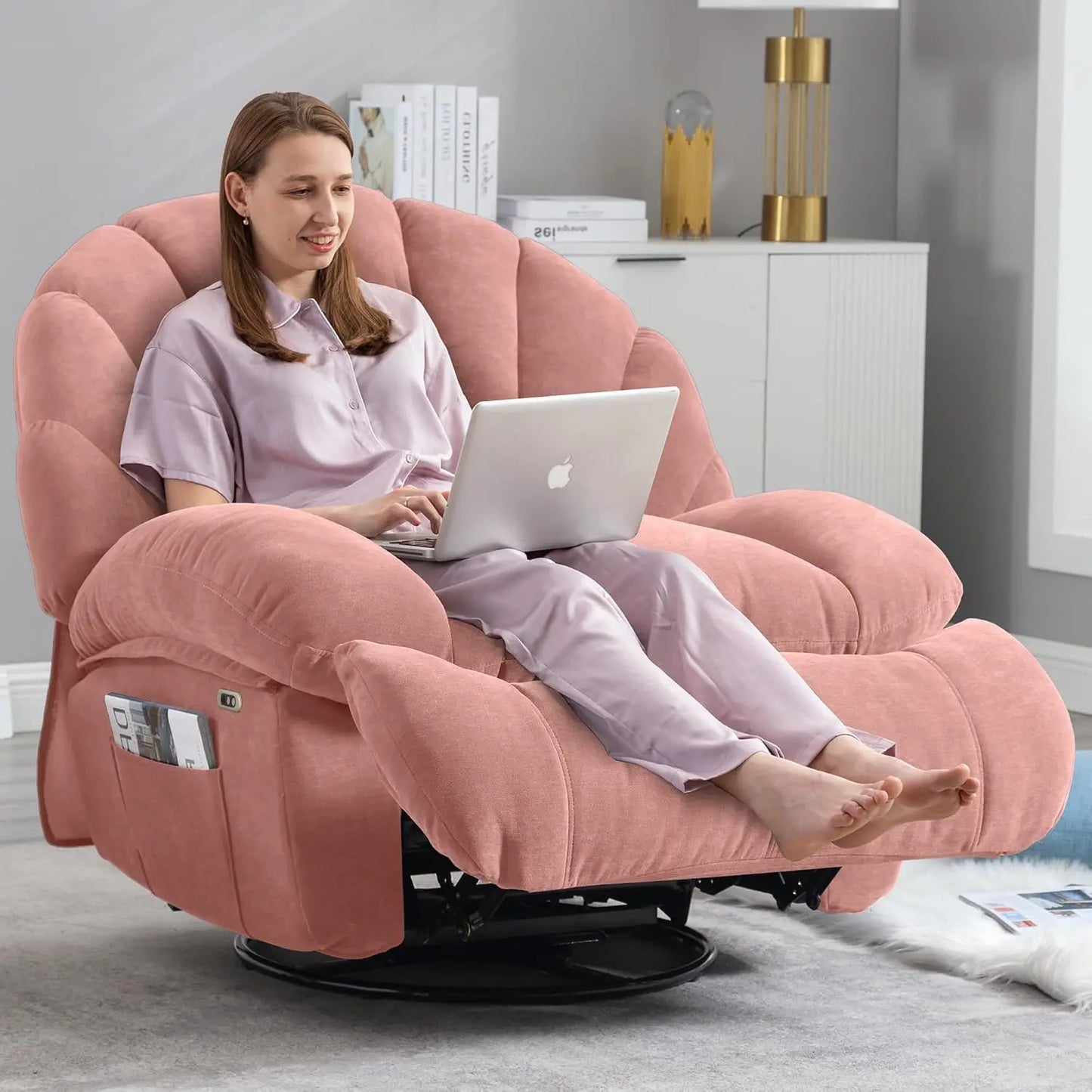 Power Swivel Recliner Chair With Soft Fabric Shell Storage