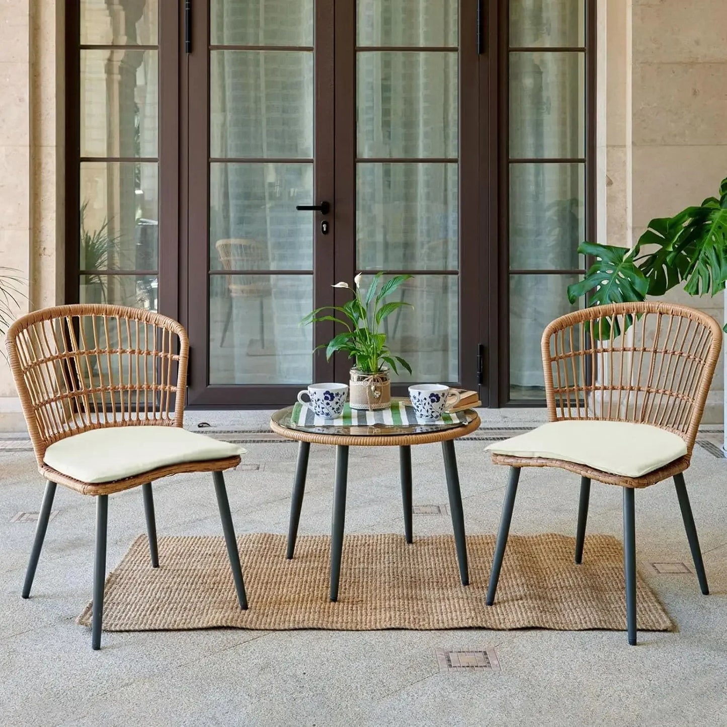 Outdoor Wicker Bistro Set 3 Piece Patio Conversation With Glass Table