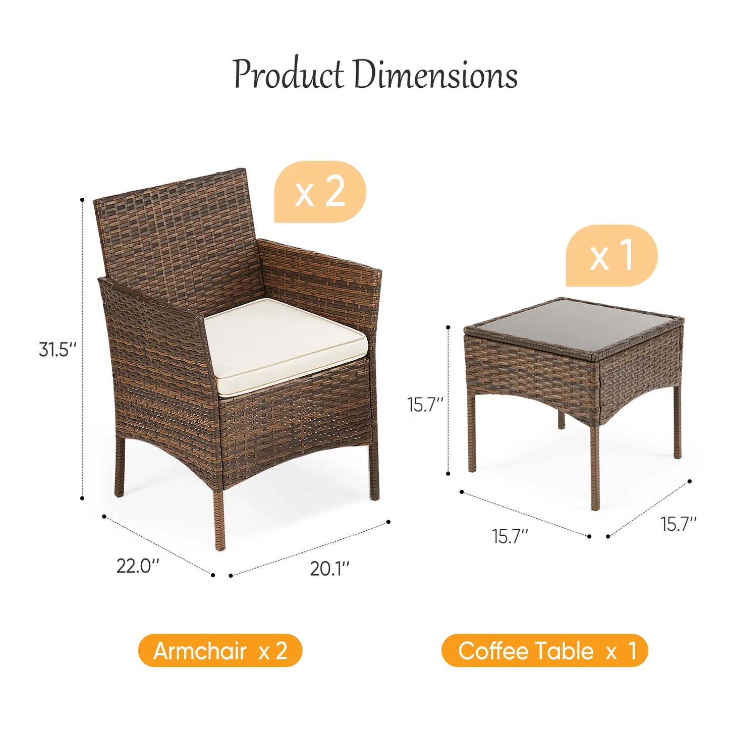 JHK Outdoor 3 Piece Wicker Rattan Patio Furniture Set With Glass Table
