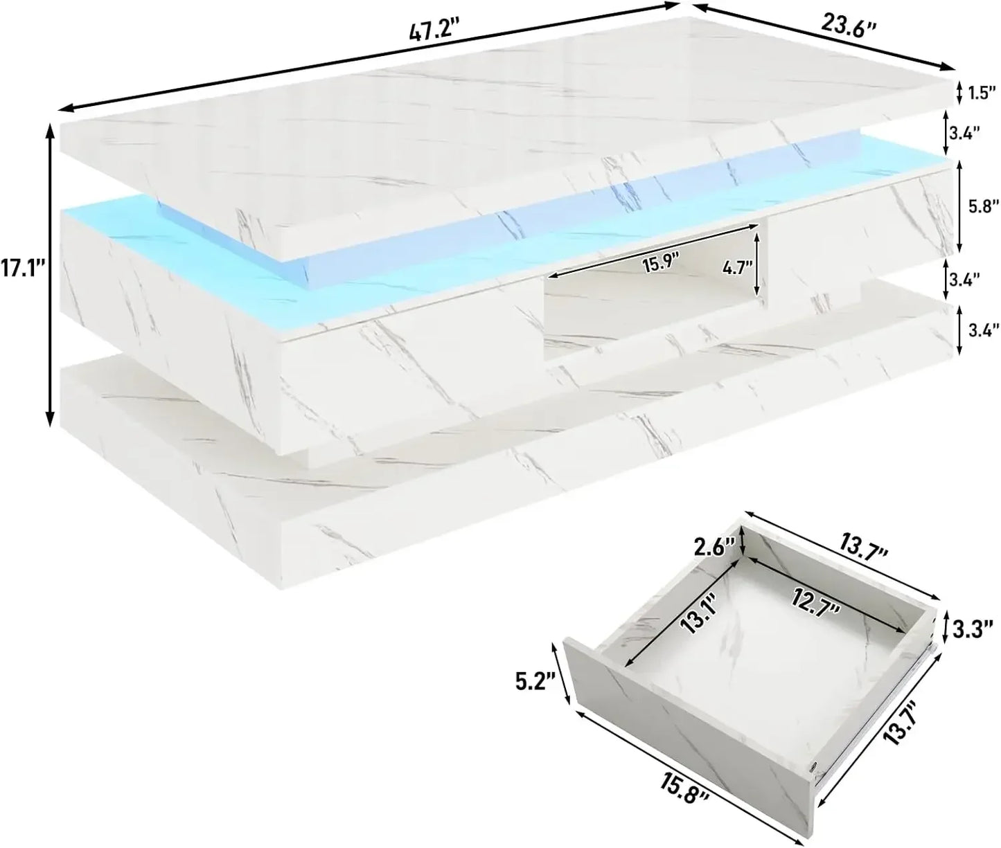 Modern LED Coffee Table With 2 Sliding Drawers And Lighting