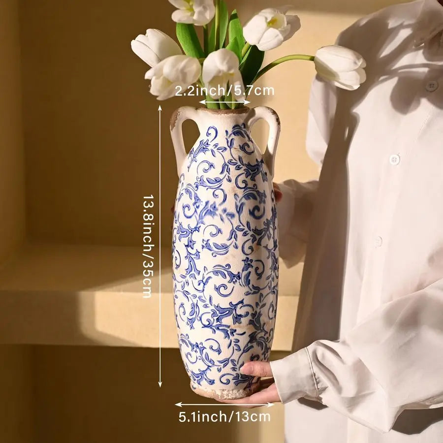 Farmhouse Ceramic Crackle Glaze Floor Vase For Pampas Grass Decor