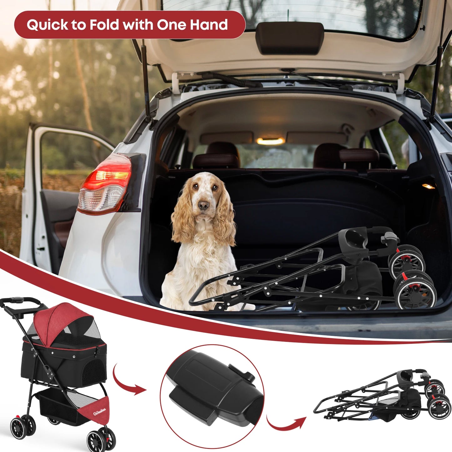 Chihuahua Pet Stroller Three Wheel Foldable Breathable Mesh