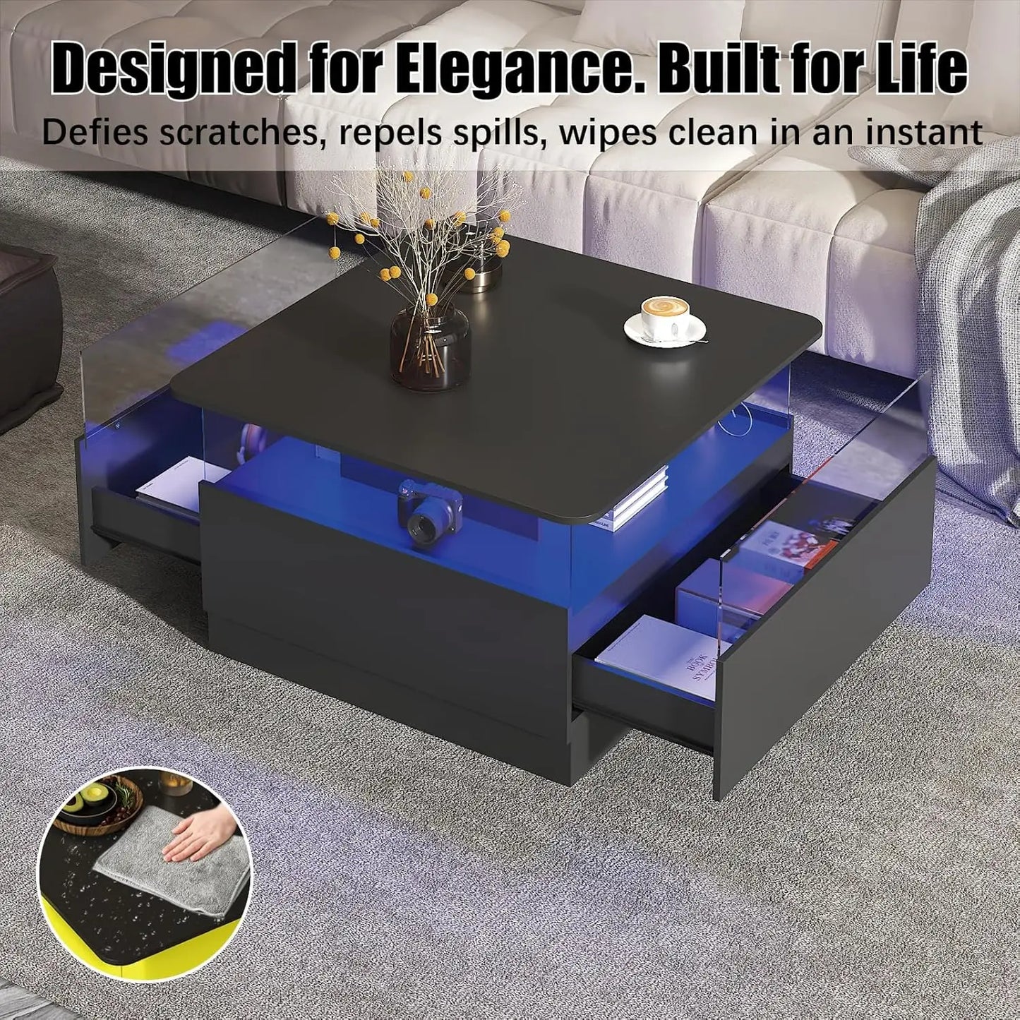 Square Coffee Table With LED Storage And Two Drawers