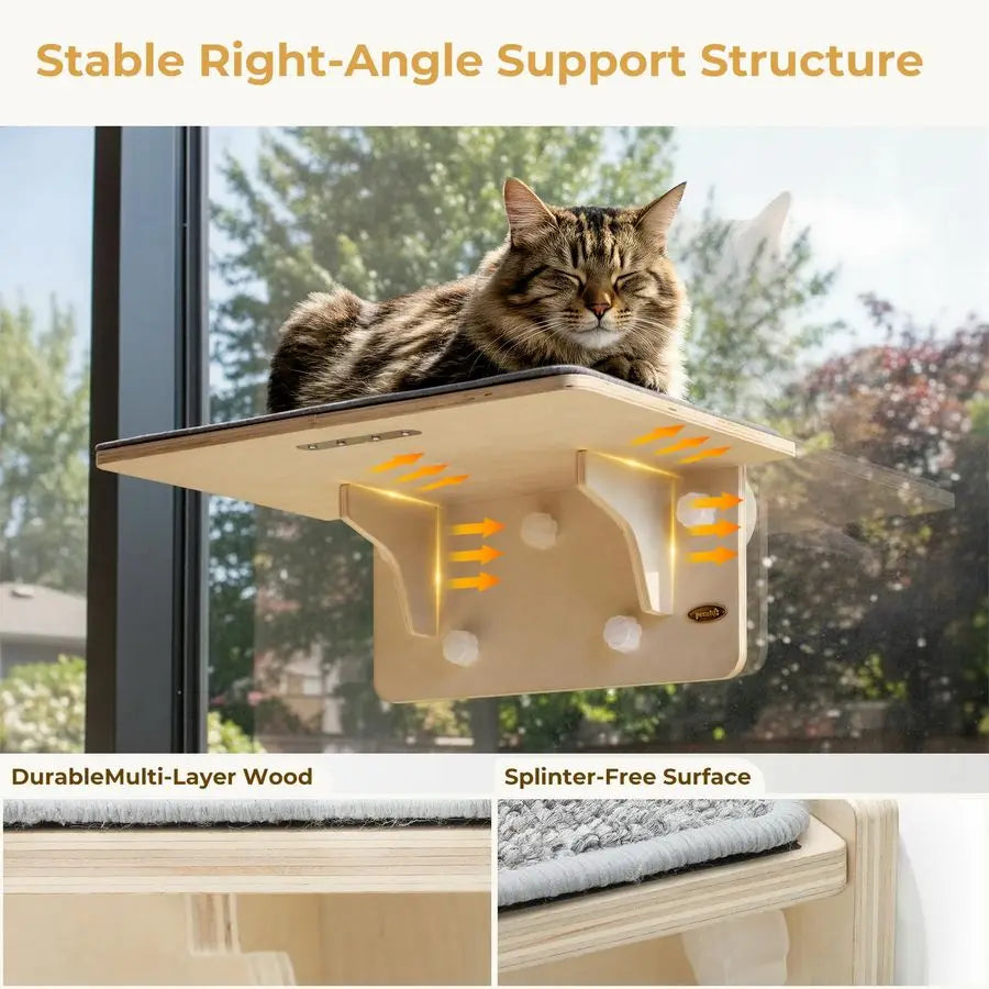 Birch Solid Wood Cat Window Perch And Wall Shelf Hammock With Strong Suction