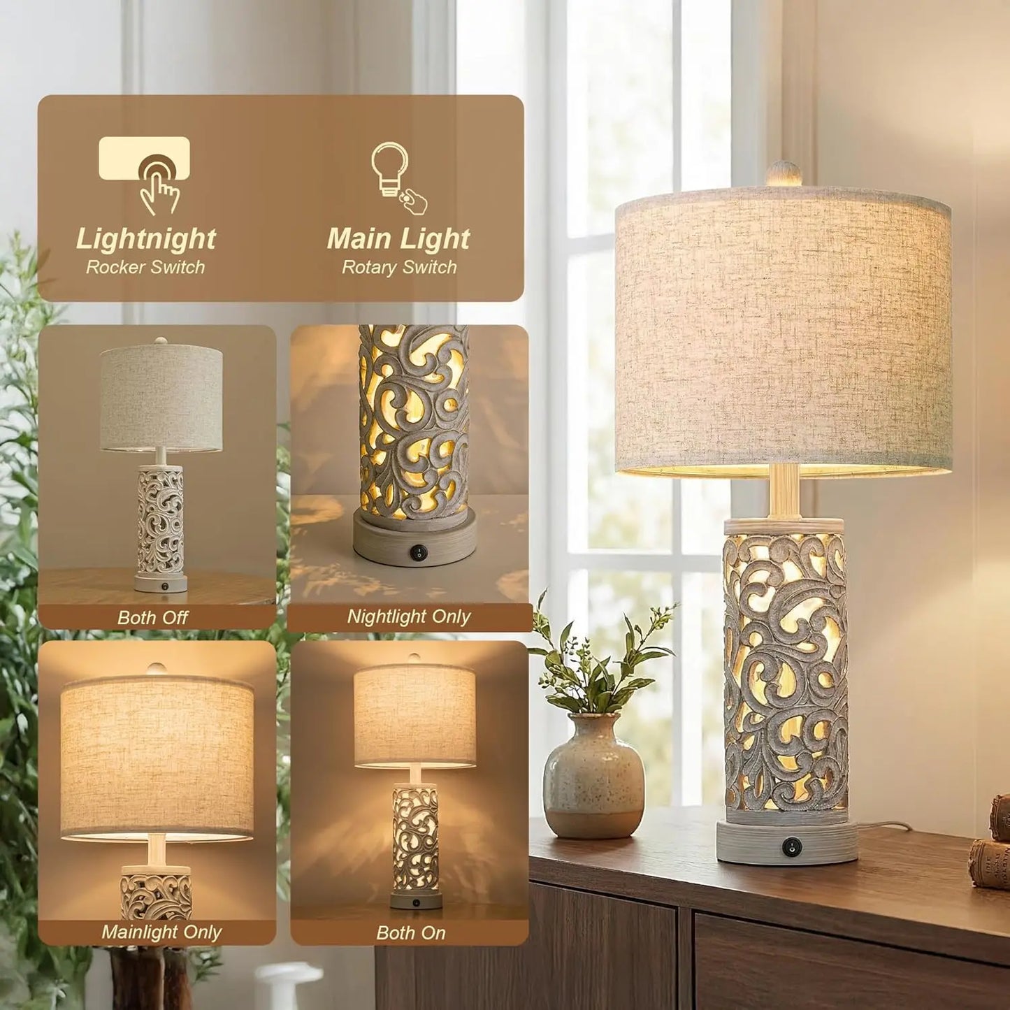 Farmhouse Table Lamps Set Of 2 With USB Ports And Night Light Vintage Style