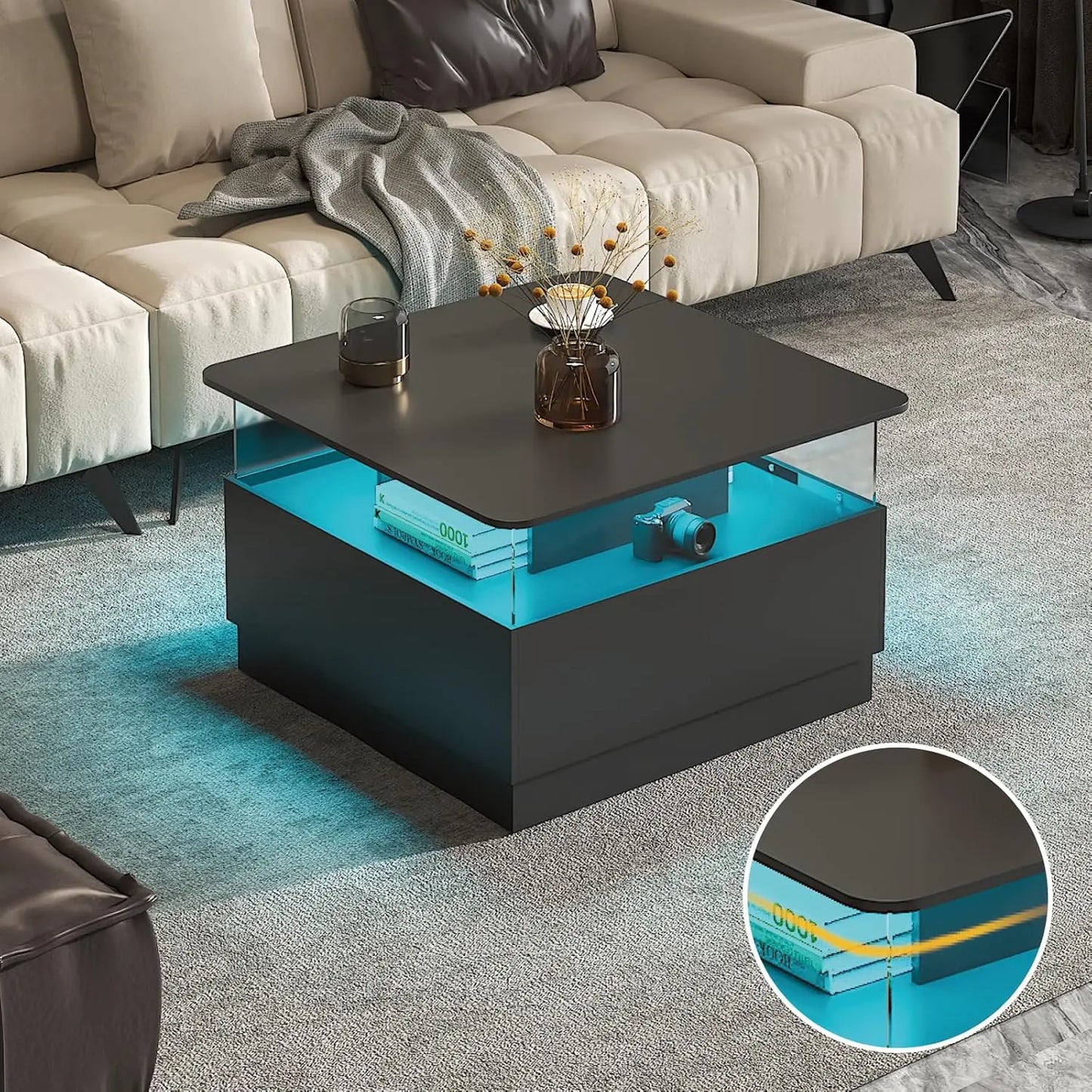 Square Coffee Table With LED Storage And Two Drawers