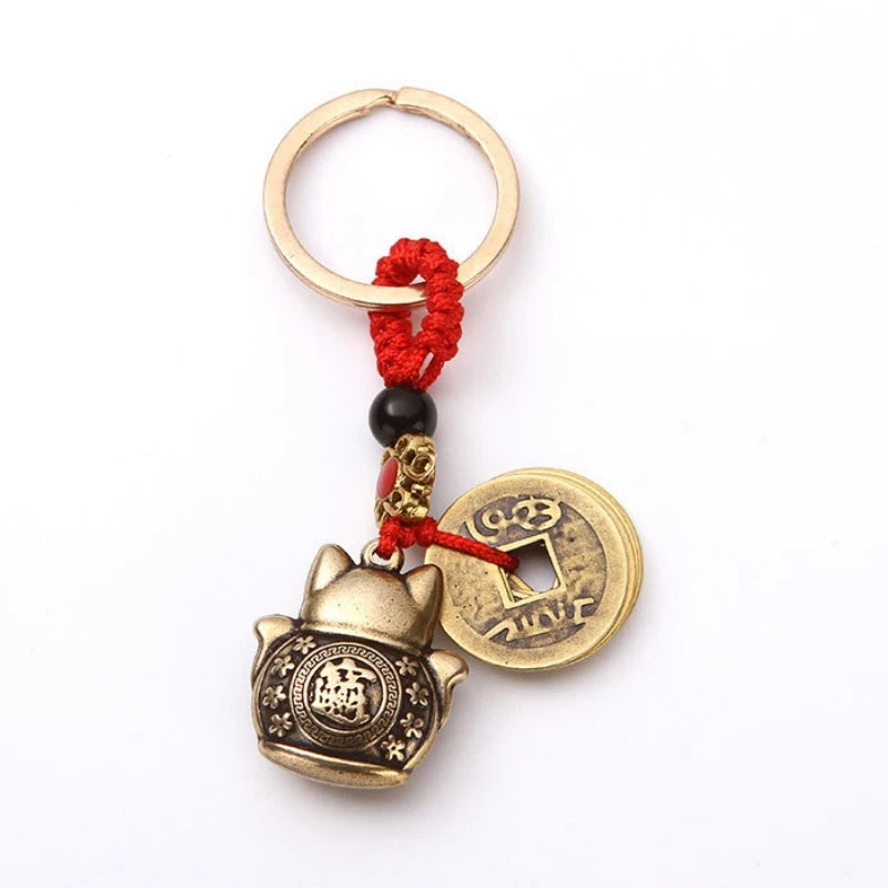 Handmade Lucky Cat Keychain With Feng Shui Five Emperors Coins