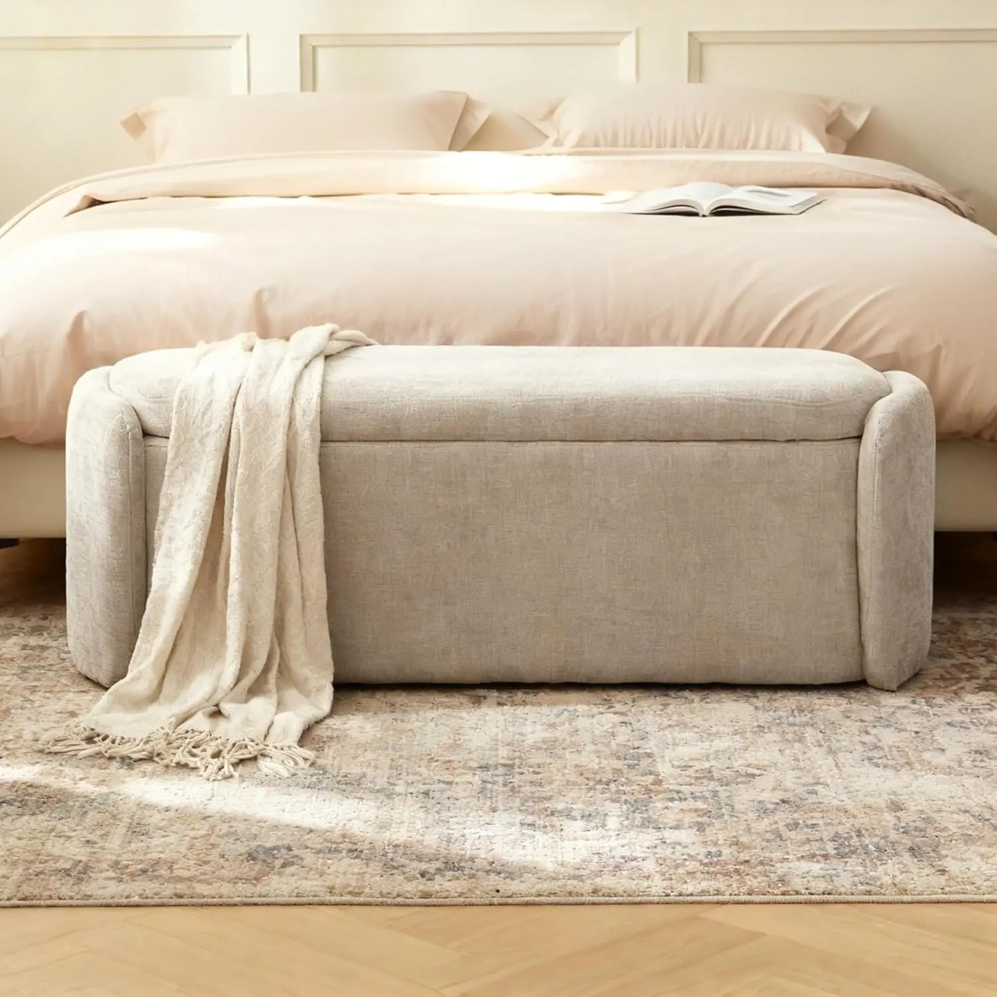 Oval Storage Ottoman Bench Chenille Upholstered End of Bed