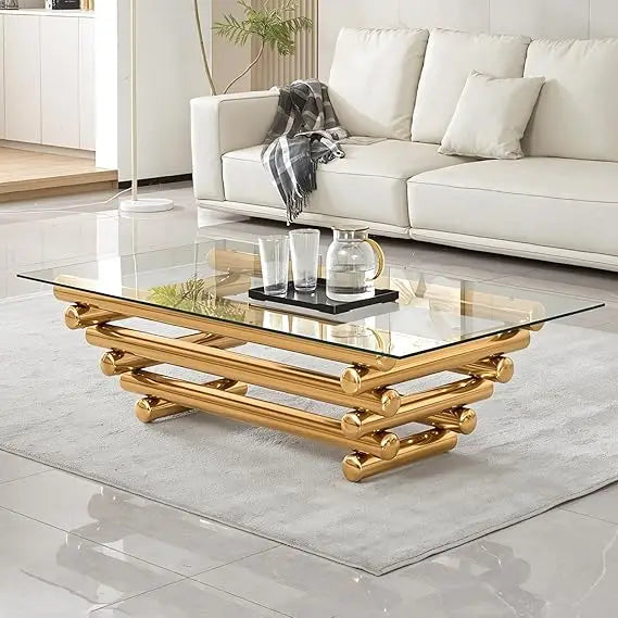 Rectangular Tempered Glass Coffee Table With Stainless Steel Legs