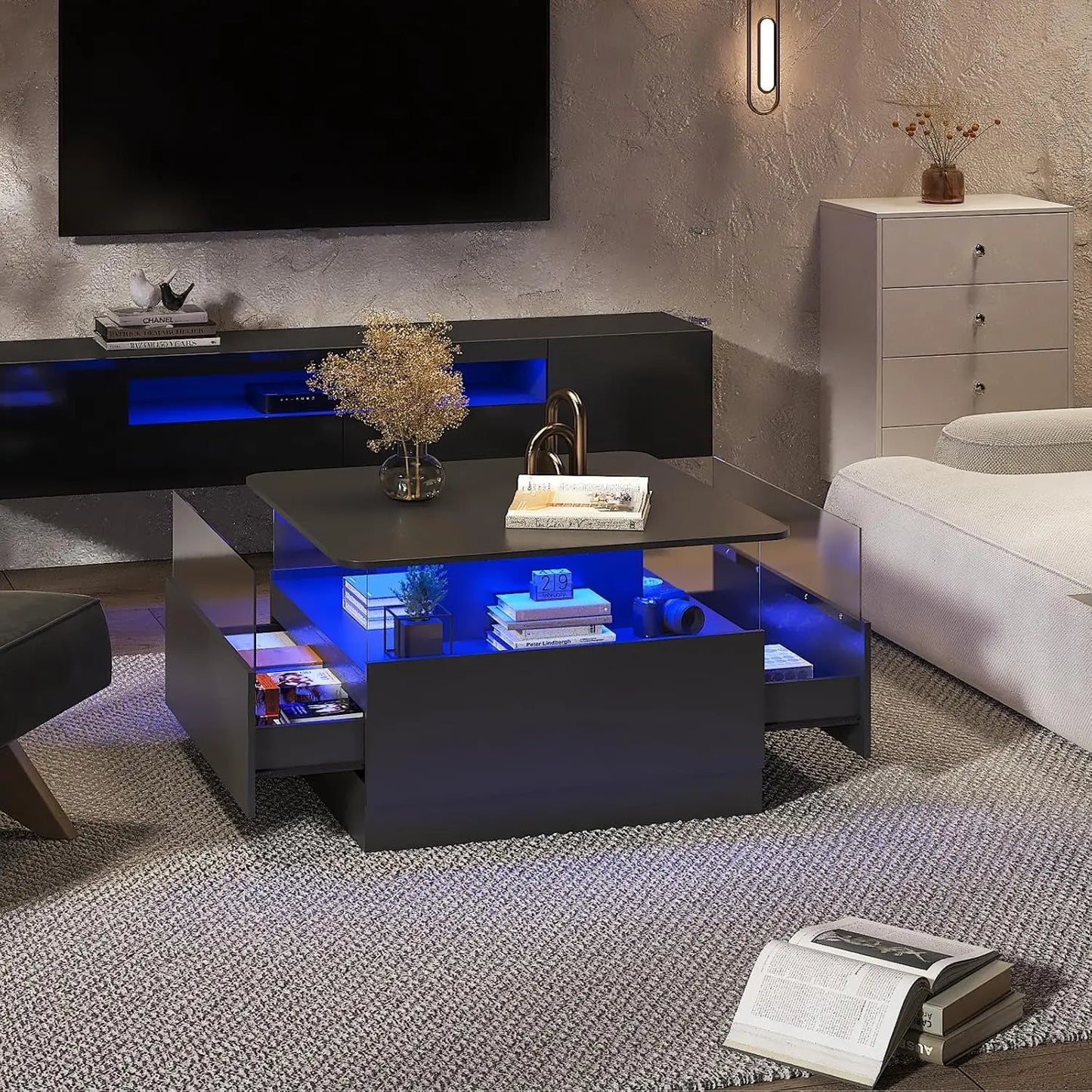 Square Coffee Table With LED Storage And Two Drawers