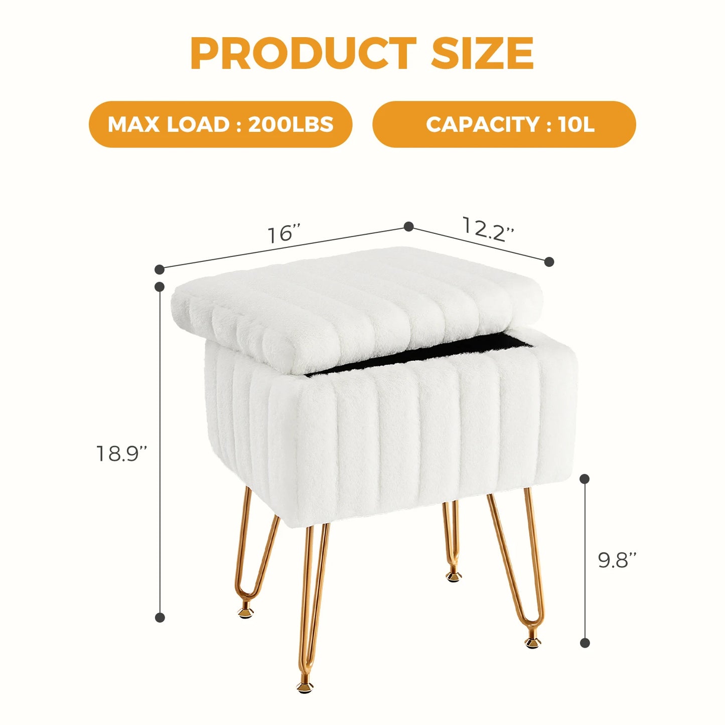 JHK Faux Fur Hidden Storage Stool Ottoman With Metal Legs