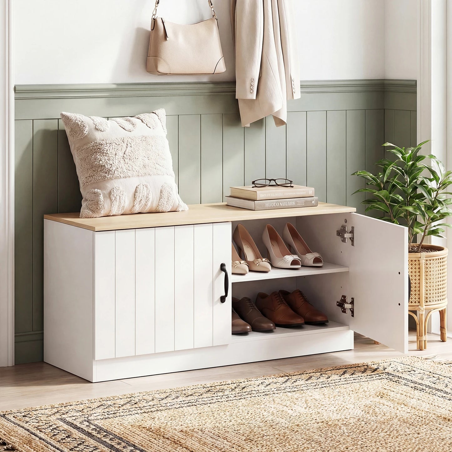 HOMASIS 2 Door Shoe Bench With Adjustable Shelves