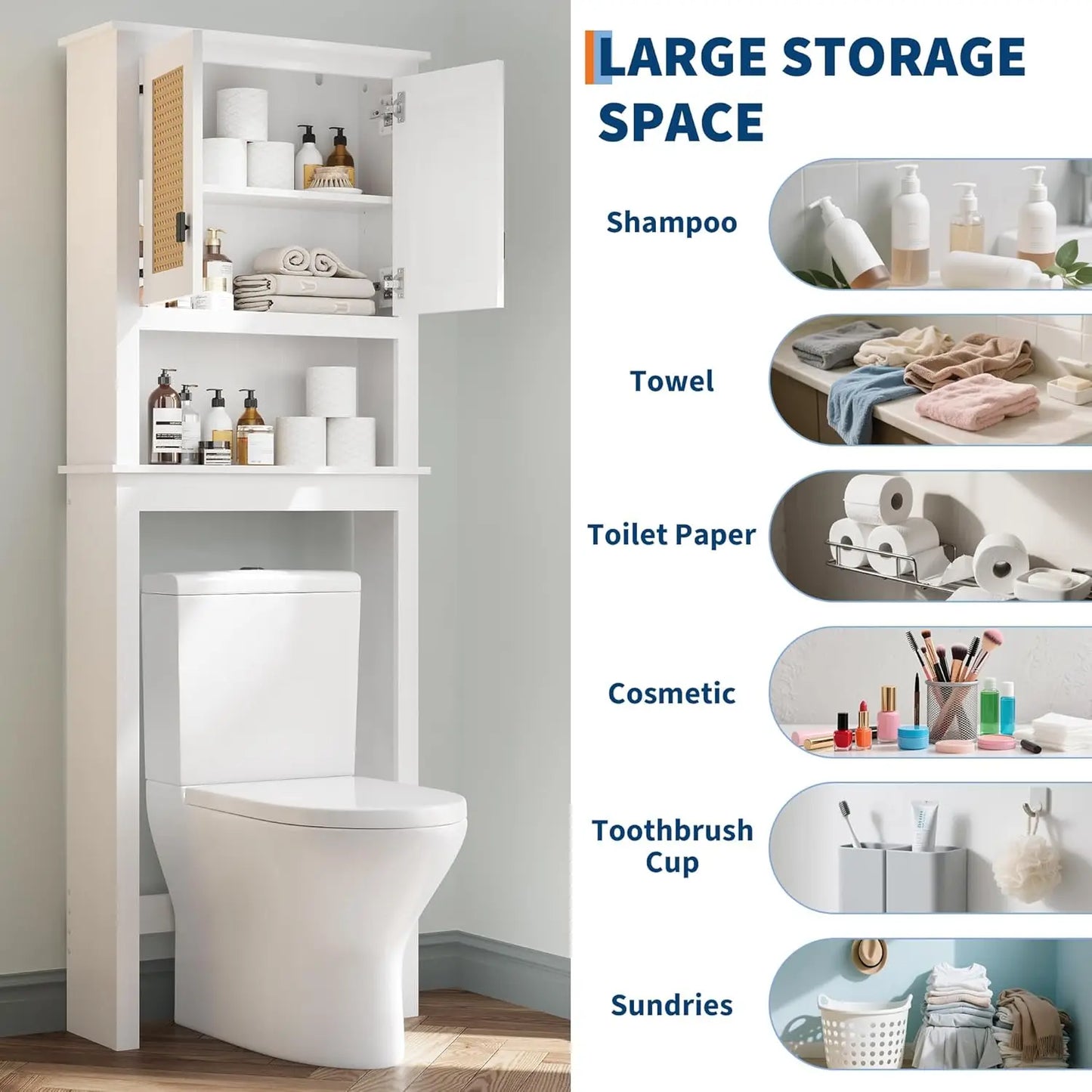 Farmhouse White Over Toilet Storage Cabinet With Natural Rattan Doors