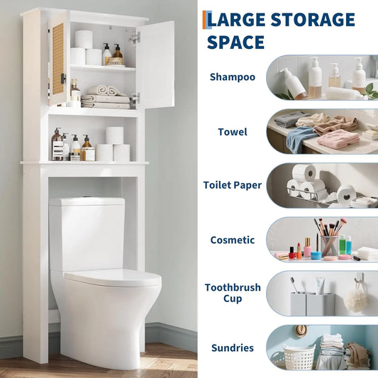 Farmhouse White Over Toilet Storage Cabinet With Natural Rattan Doors