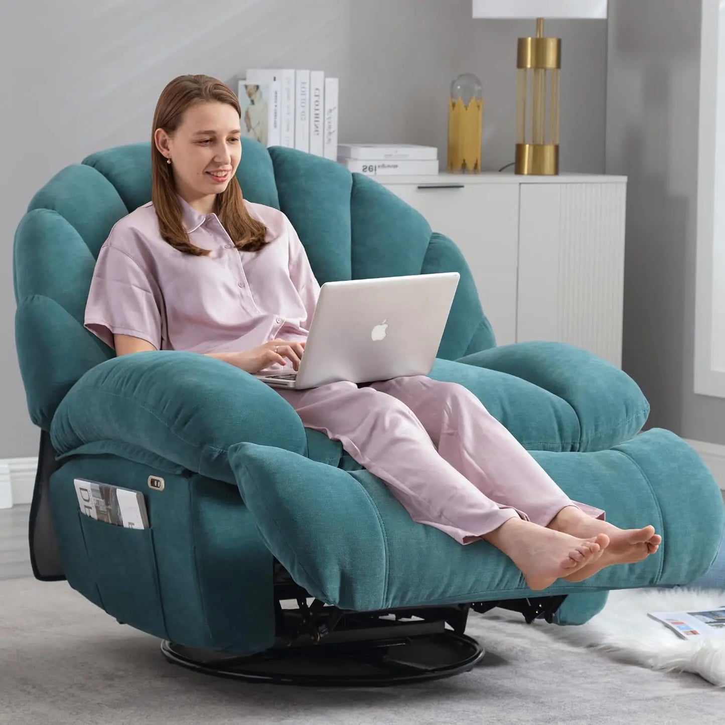 Power Swivel Recliner Chair With Soft Fabric Shell Storage