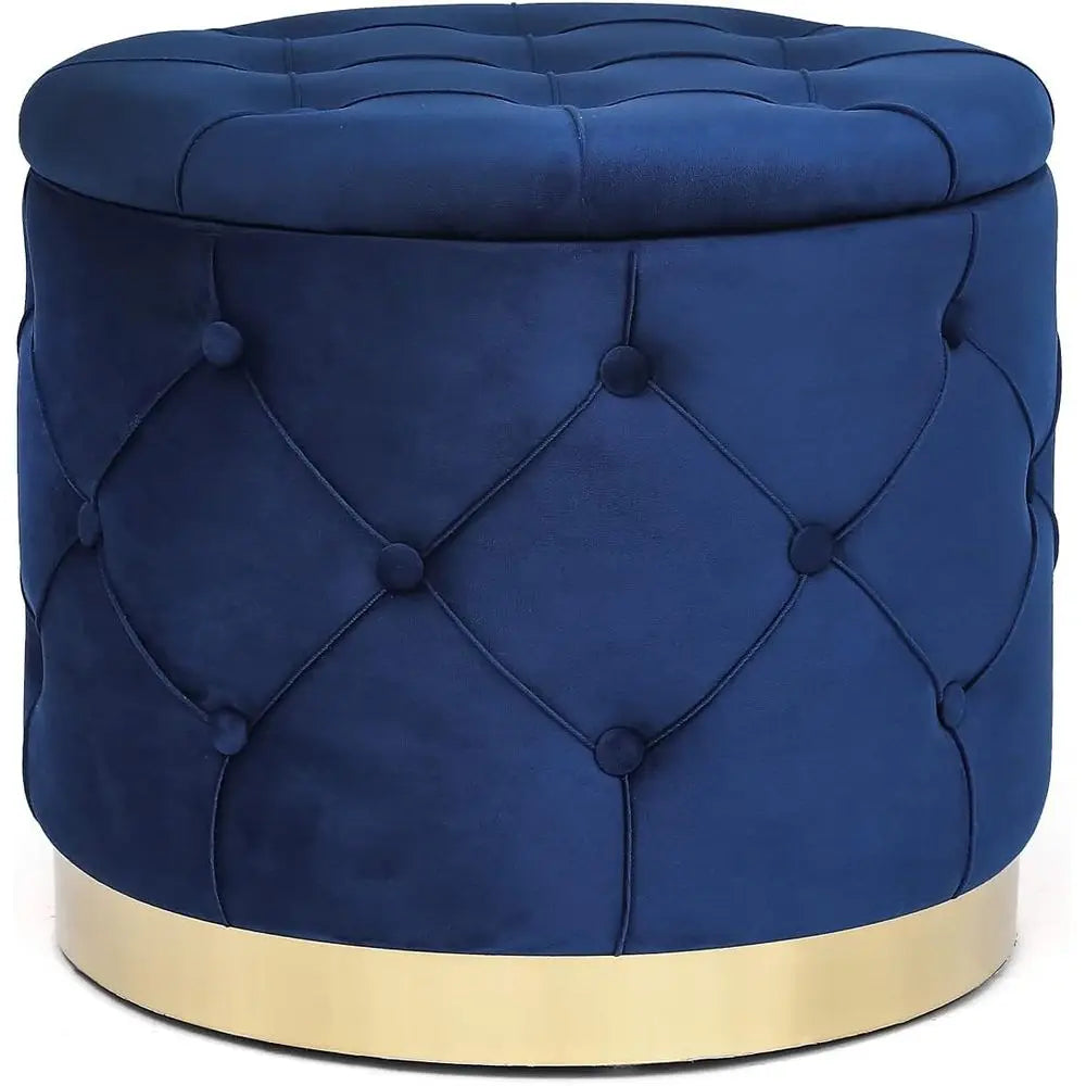 Round Velvet Storage Ottoman Vanity Stool With Tufted Button Details