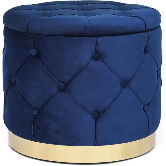 Round Velvet Storage Ottoman Vanity Stool With Tufted Button Details