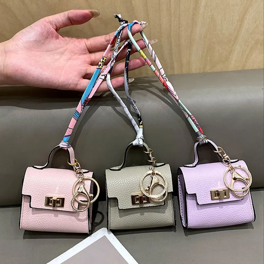 Mini Square Leather Bag Charm Coin Purse Keychain