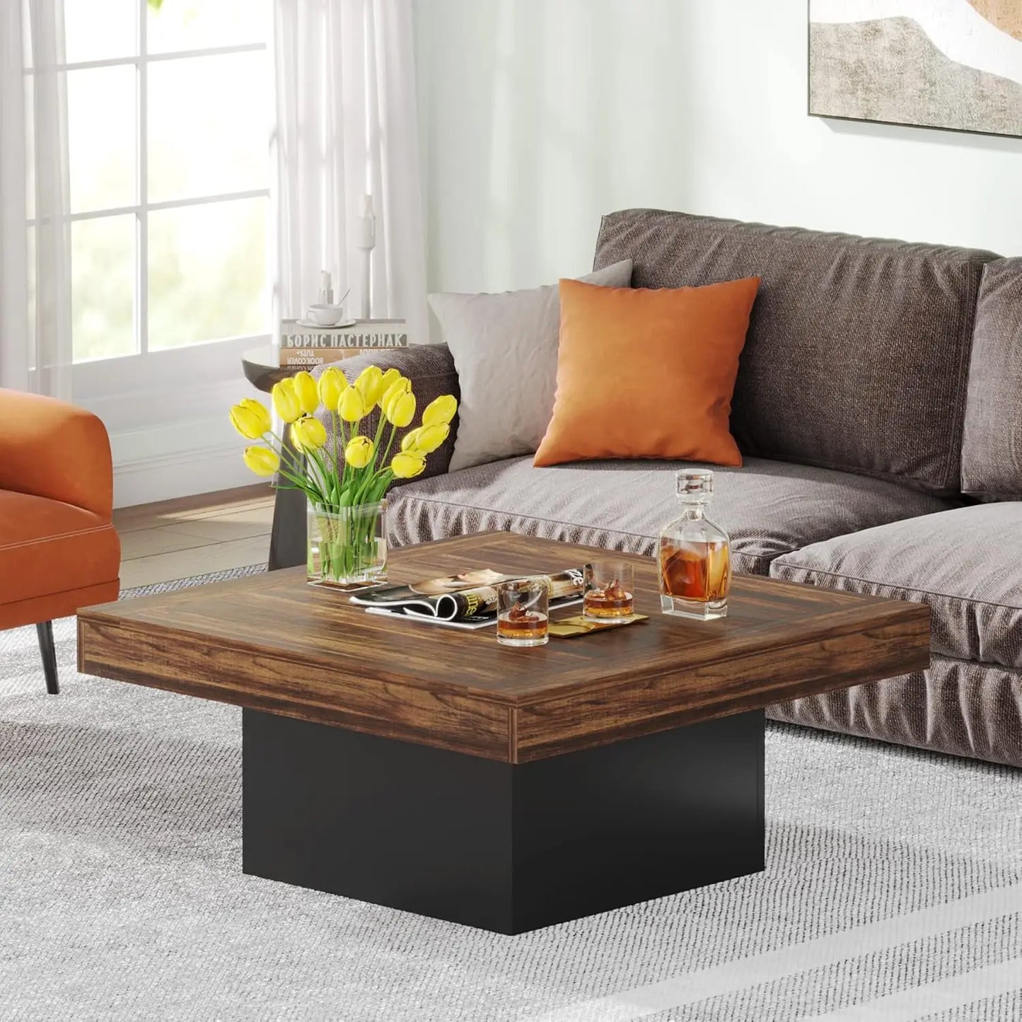 LED Square Coffee Table With Engineered Wood Modern Living Room