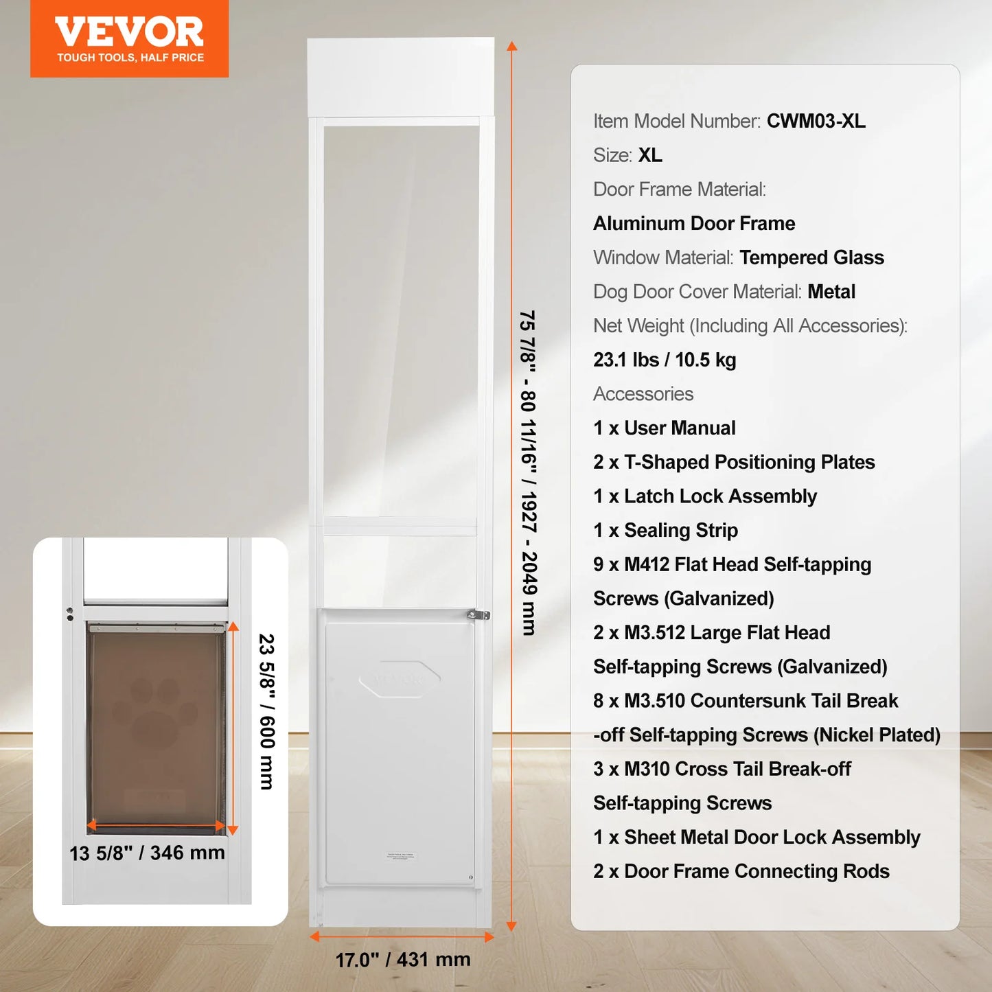 NONEDog Door Sliding Glass Dog Door With Adjustable Height Aluminum Frame