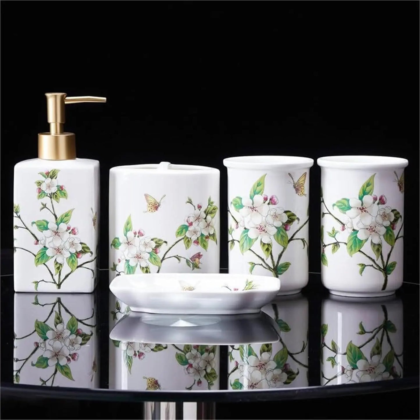 Ceramic Bath Accessory Set Soap Dispenser Cup Holder Tray Organizer