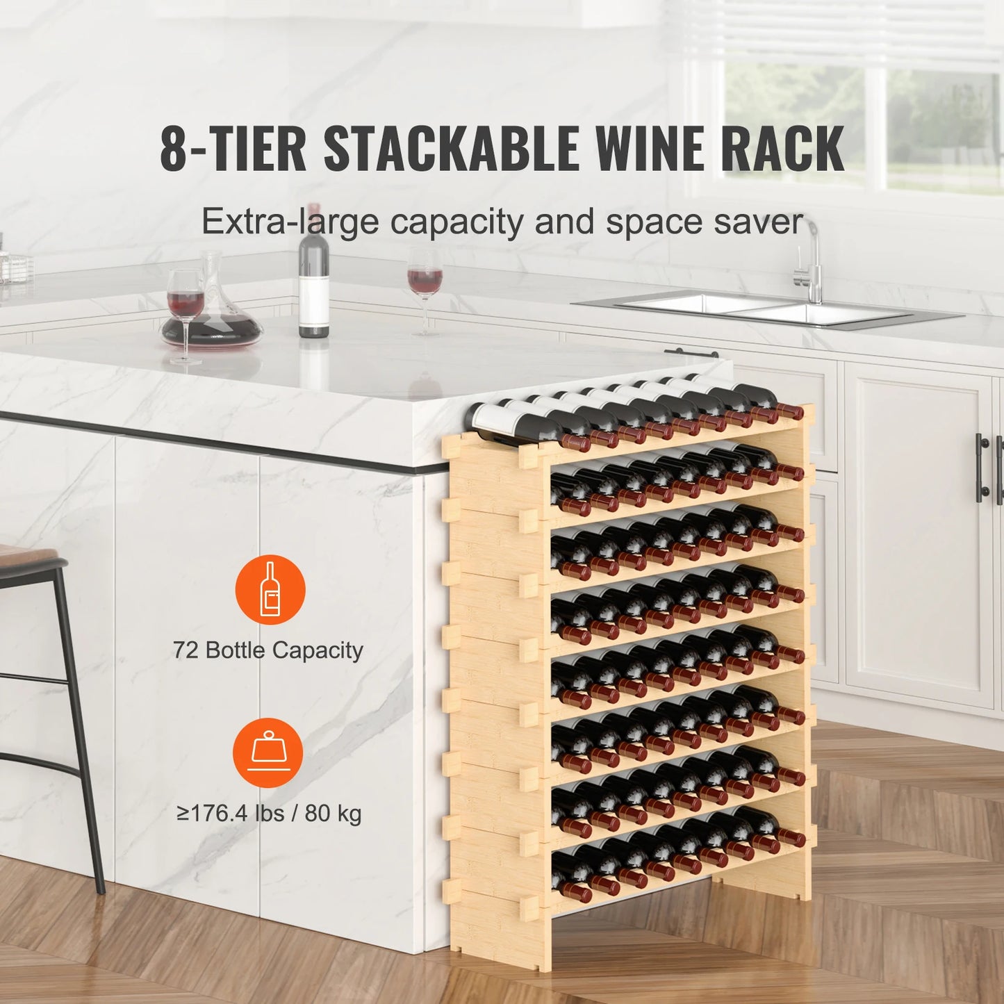 SucceBuy Bamboo 8-Tier Stackable Wine Rack For Kitchen Storage