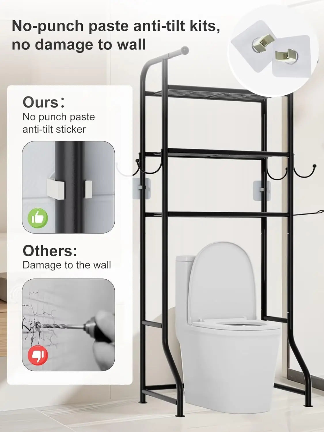 3-Tier Over The Toilet Storage Shelf With Hooks