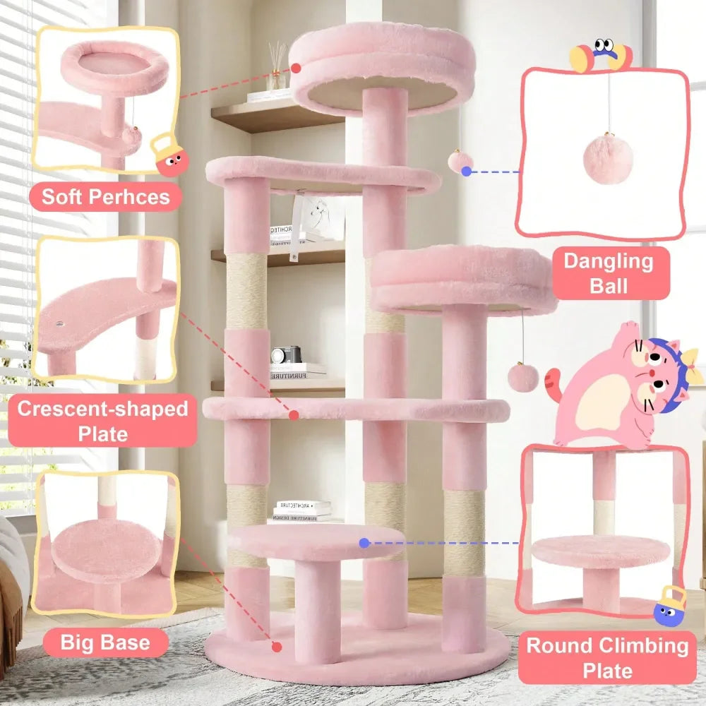 55.5 In Cat Tree For Indoor Kitties, Soft Plush Perches, MultiLevel Cat Tower, Sisal ching Posts, Crescent Plates, Round J