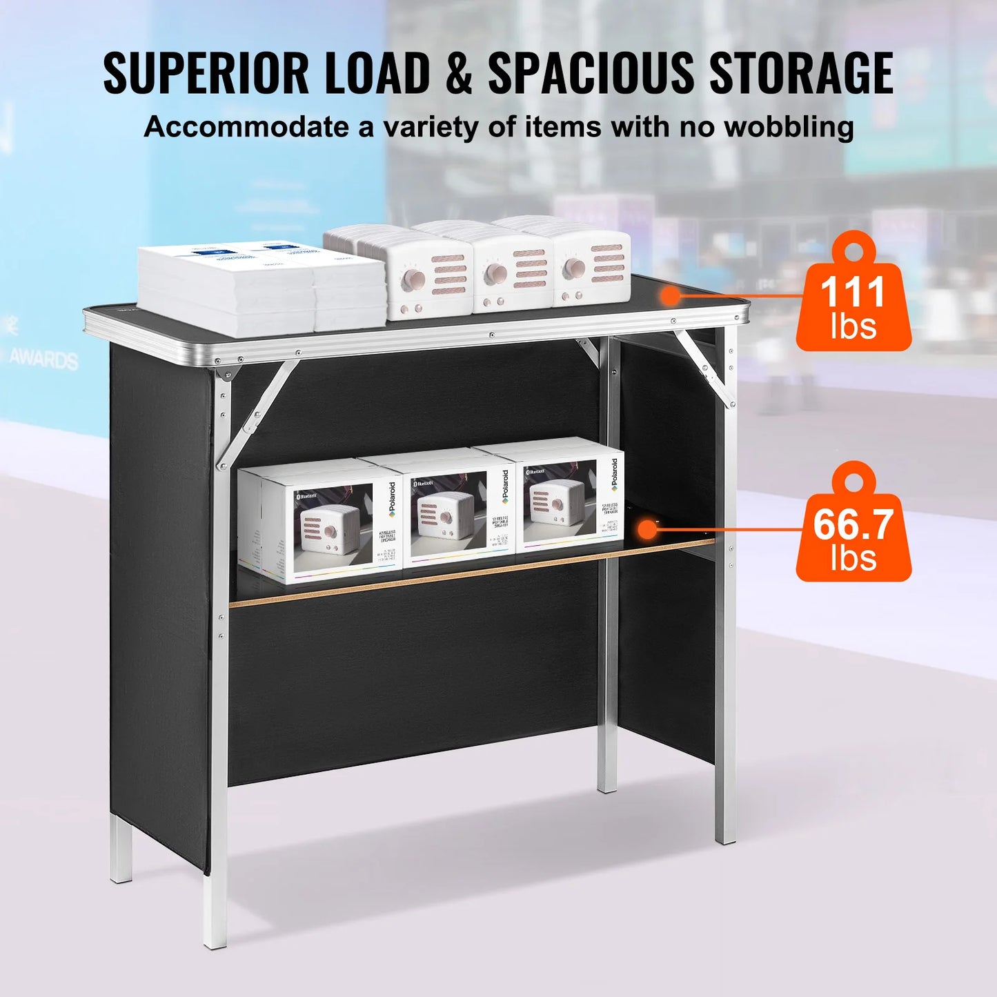 SucceBuy Folding Portable Bar Table Tradeshow Podium Table for Party Picnic Exhibition Include Carrying Case Storage Shelf Skirt