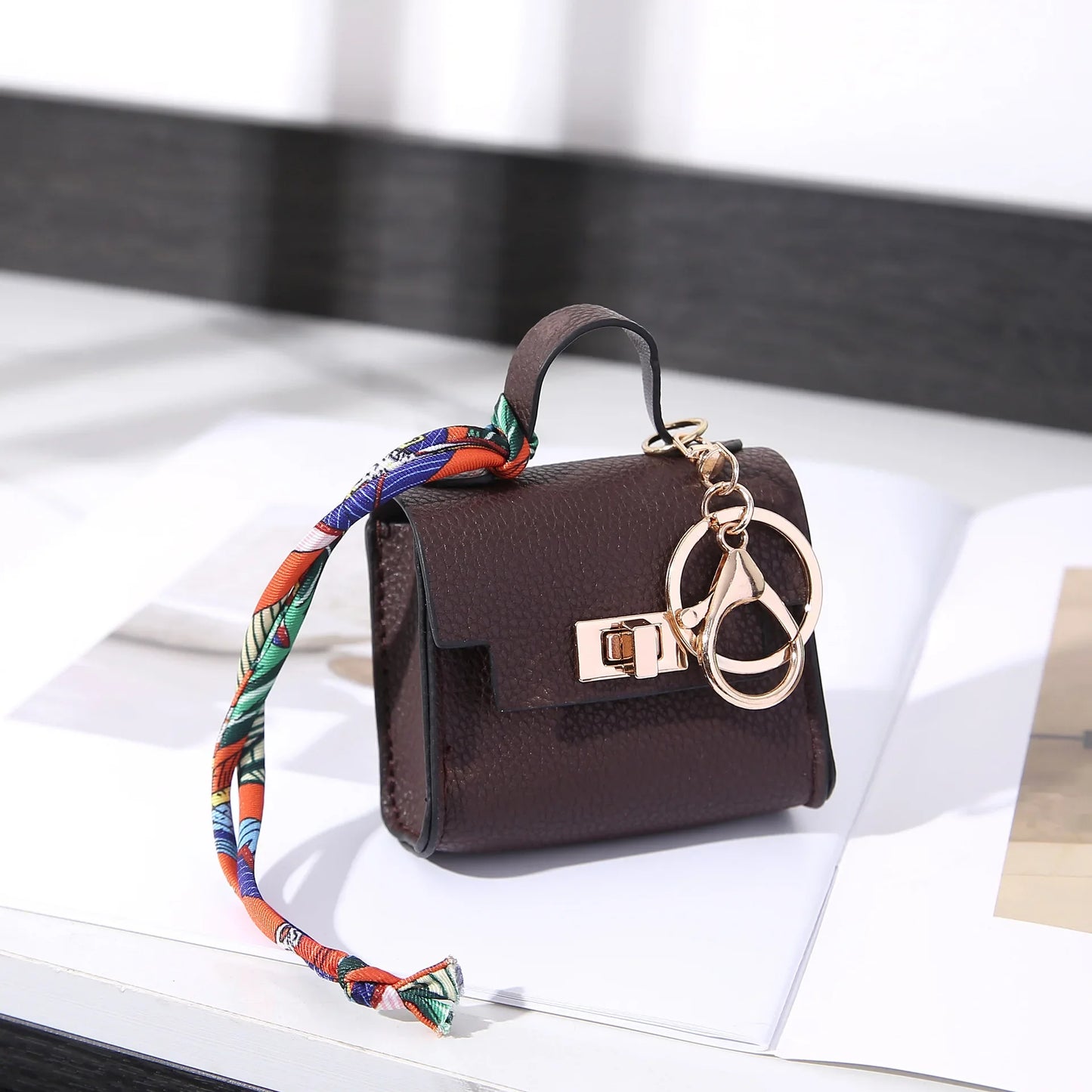 Mini Square Leather Bag Charm Coin Purse Keychain