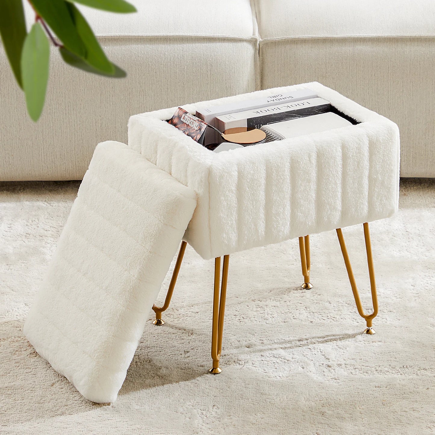 JHK Faux Fur Hidden Storage Stool Ottoman With Metal Legs