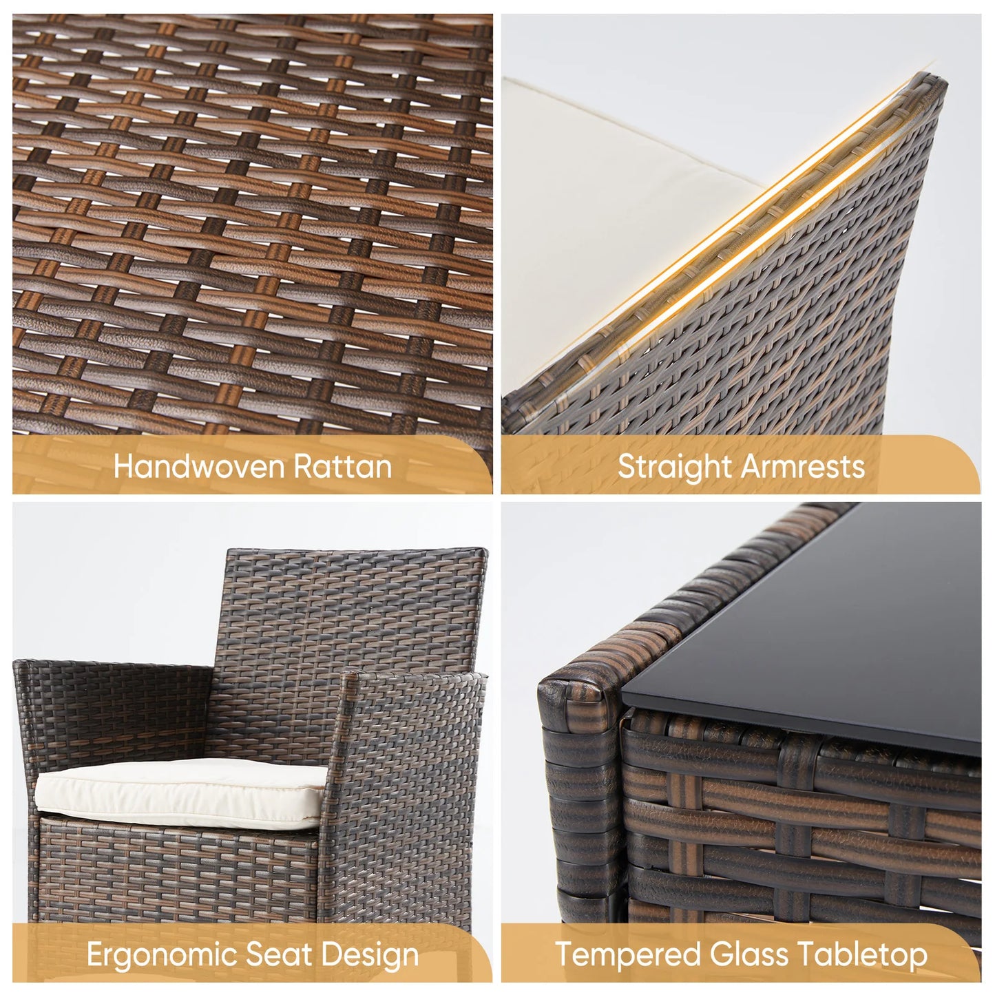 JHK Outdoor 3 Piece Wicker Rattan Patio Furniture Set With Glass Table