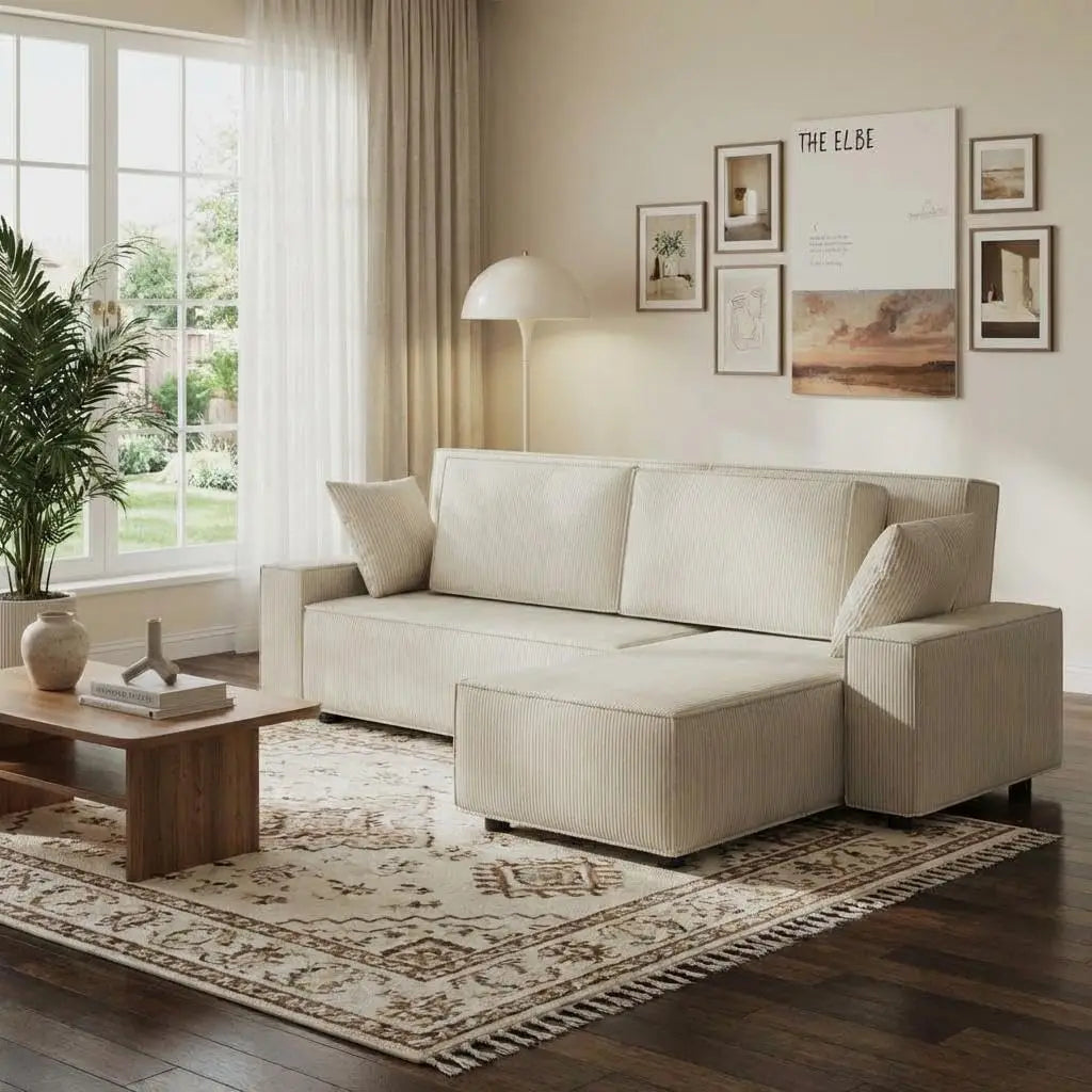 Fine Stripe Corduroy Sectional Sofa L Shaped with Deep Chaise