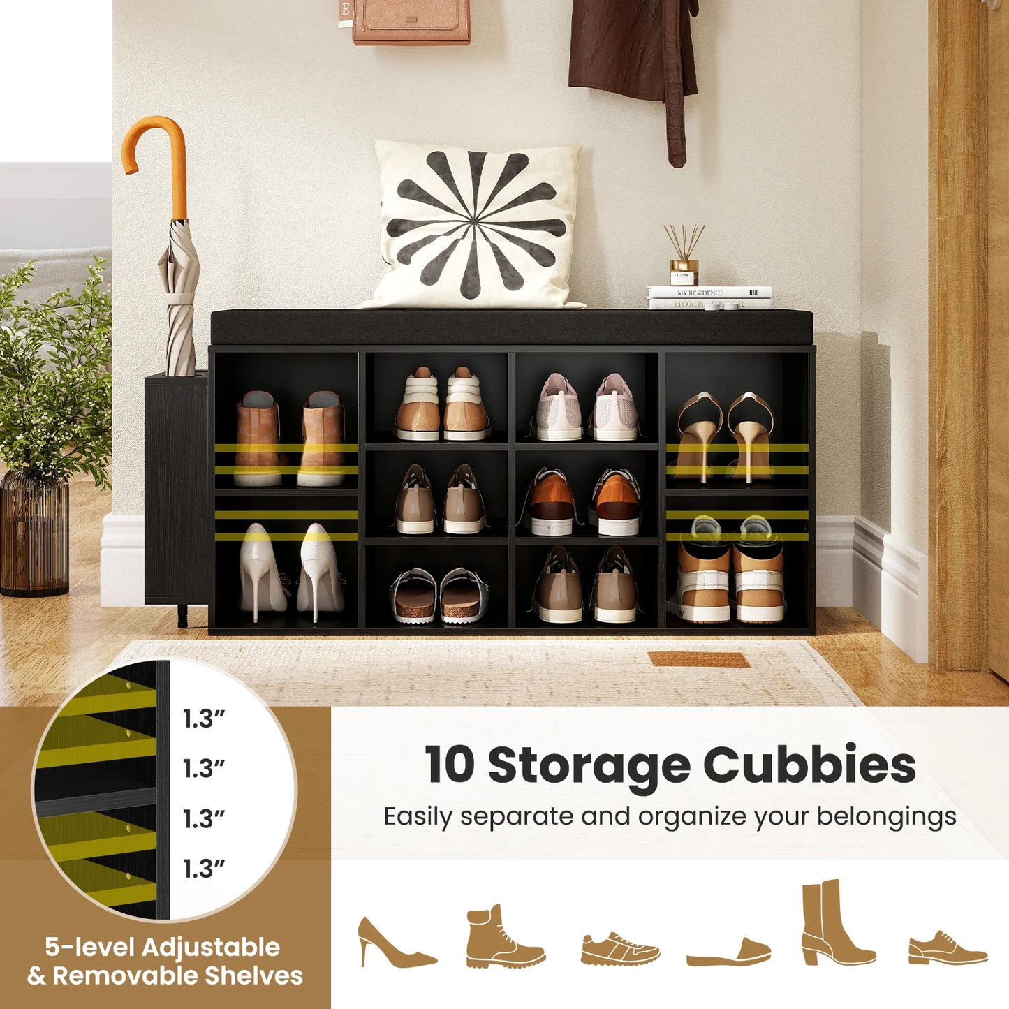 HOMASIS Shoe Storage Bench With Umbrella Stand And Padded Seat