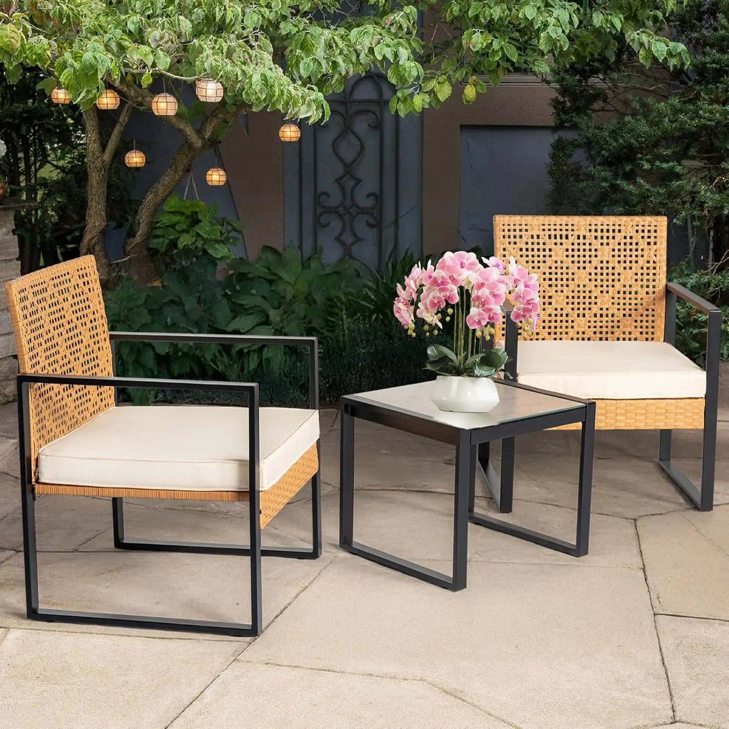 Outdoor Wicker Bistro Set 3 Piece Patio Conversation With Glass Table