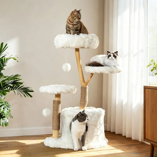 Modern Cat Tree Tower, Cloud Cat Tree with Solid Natural Wood Scratching Post, Luxury Condo amp Perches, Aesthetic White Cat Fu