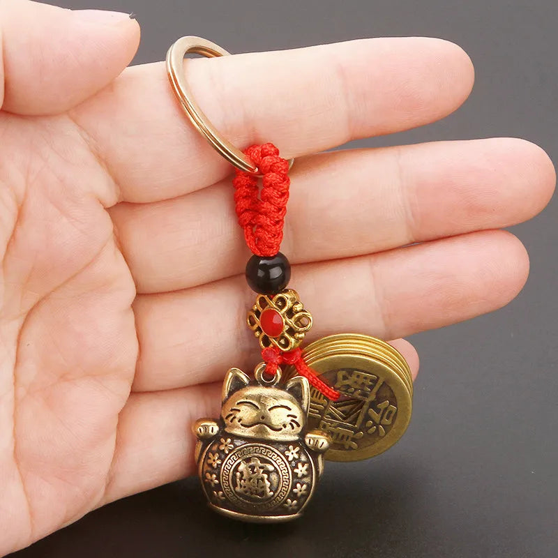 Handmade Lucky Cat Keychain With Feng Shui Five Emperors Coins